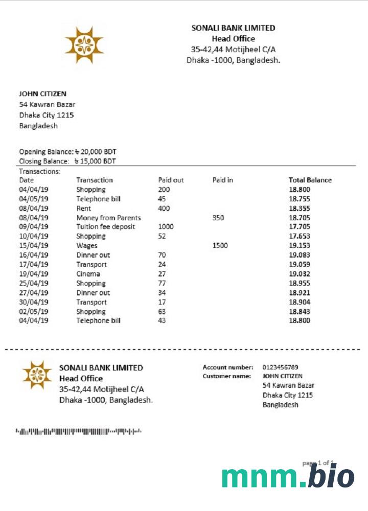 Bangladesz SB szablon wyciągu bankowego w programie Word i PDF